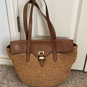 Micheal Kors Woven Straw Naomi Large Tote with Brown Leather Trim